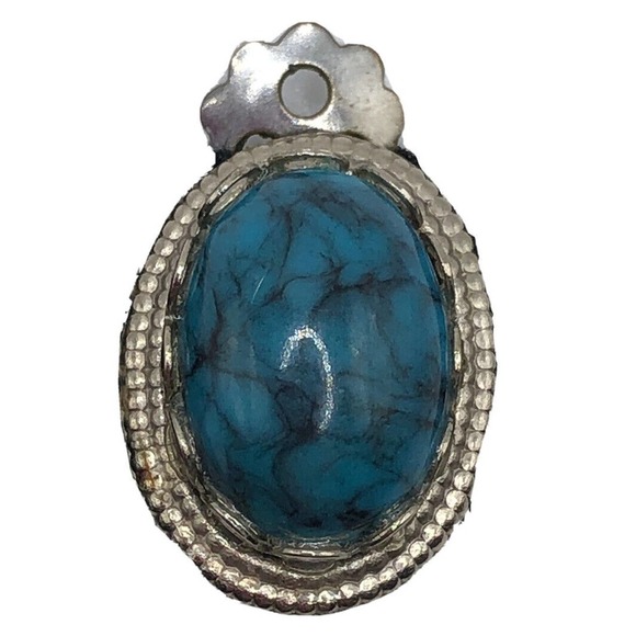 Vintage Earrings Clip On Silver Tone Oval Faux Turquoise Cabochon 3/4" - Picture 5 of 7